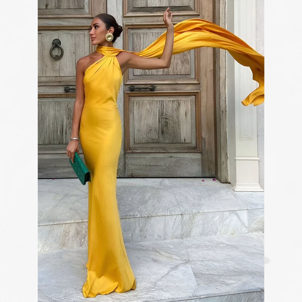 Draped Evening Gown with Open Back