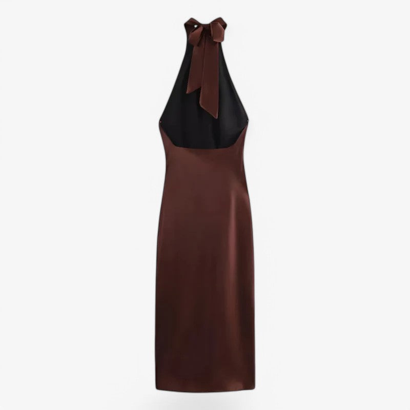 Satin Halterneck Midi Dress with Knot Detail