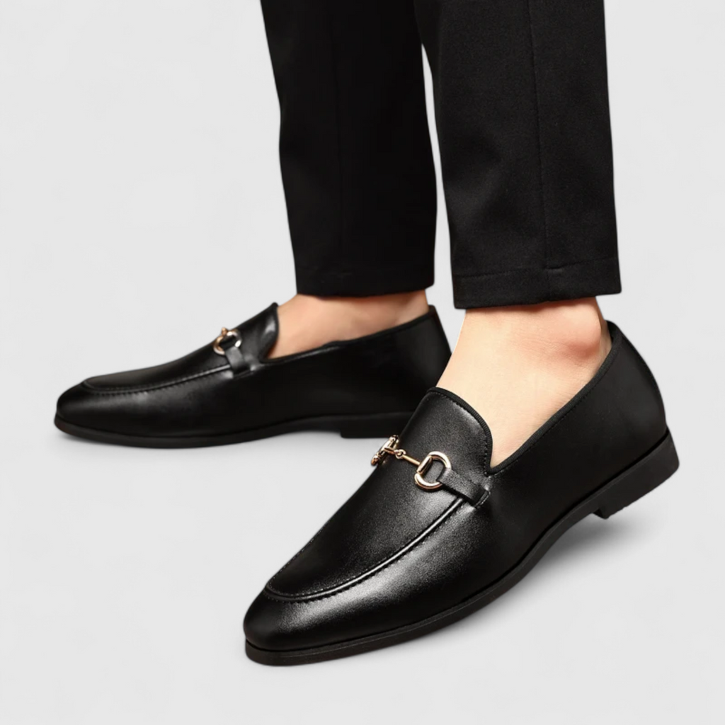 Men's Black Faux Leather Loafers with Decorative Buckle