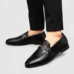 Men's Black Faux Leather Loafers with Decorative Buckle
