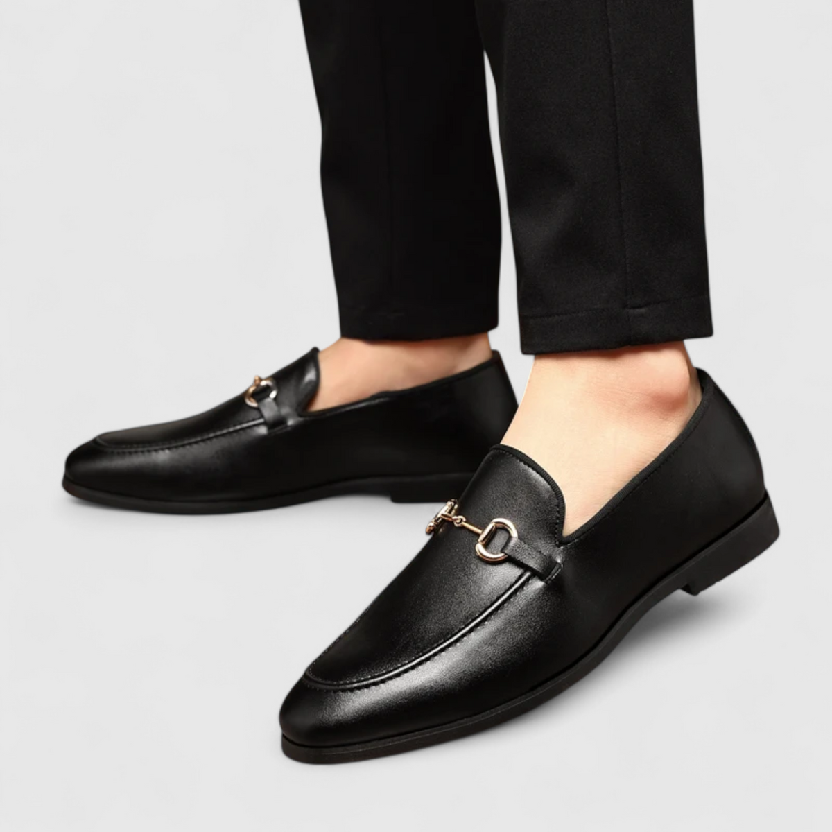 Men's Black Faux Leather Loafers with Decorative Buckle