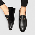 Men's Black Faux Leather Loafers with Decorative Buckle