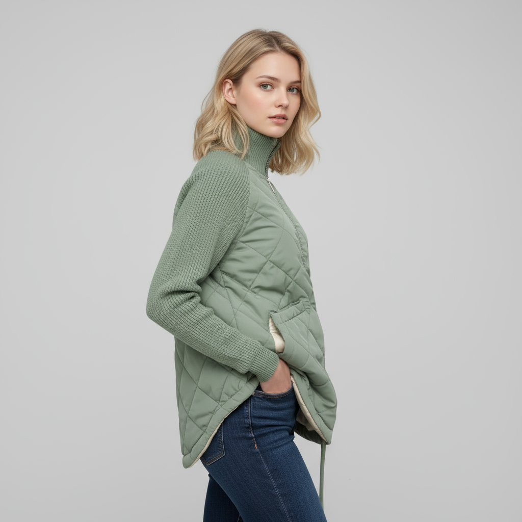 Light Puffer Jacket with Patchwork Detail and Adjustable Waist