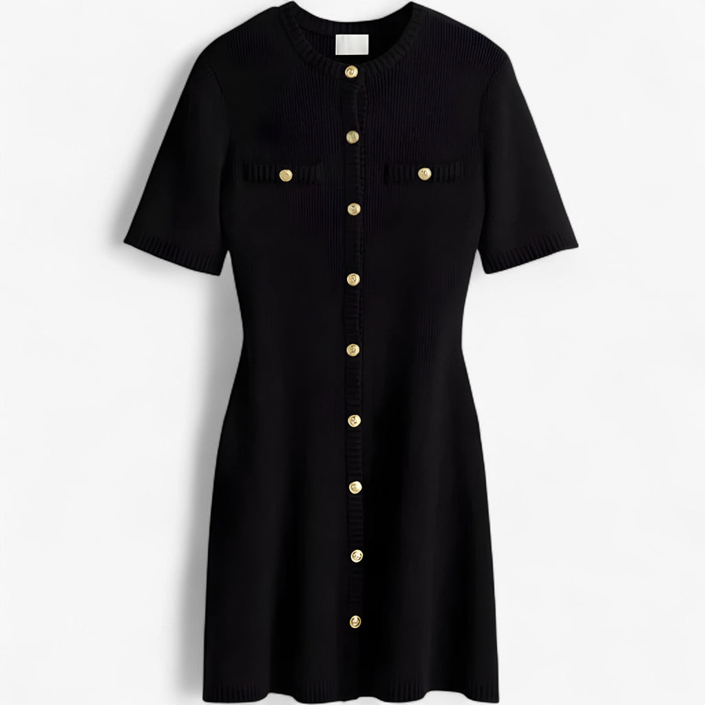 Vestido corto de punto de canalé con detalles dorados