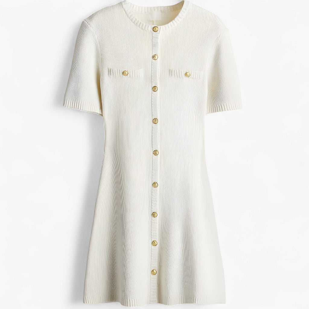 Vestido corto de punto de canalé con detalles dorados