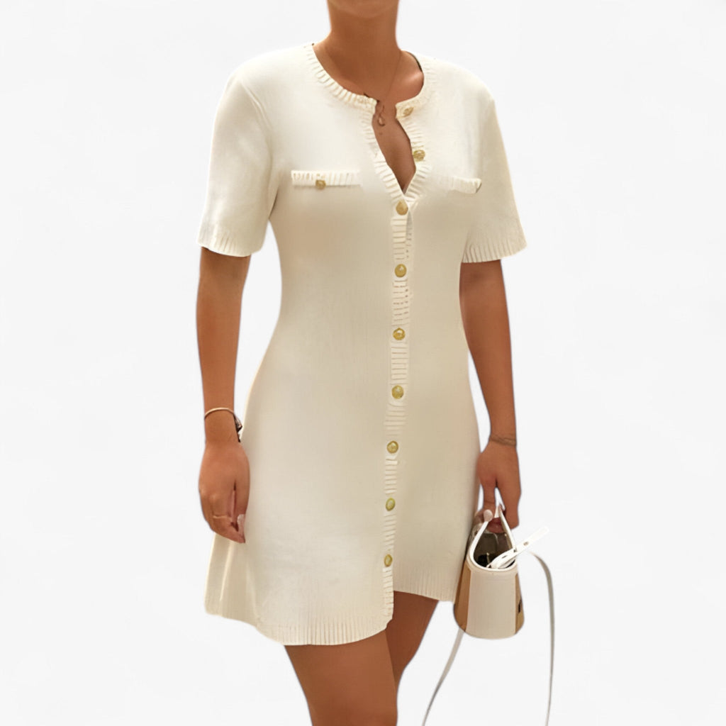 Vestido corto de punto de canalé con detalles dorados