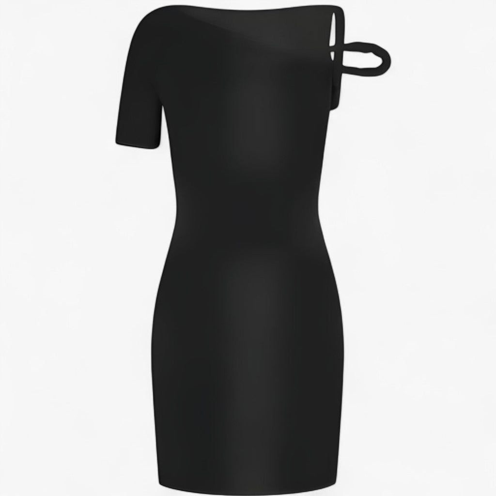 Asymmetric knitted mini dress with woven waist detail