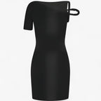 Asymmetric knitted mini dress with woven waist detail