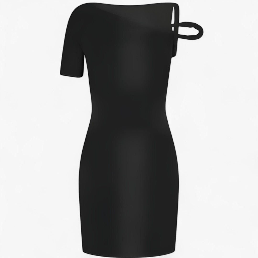 Asymmetric knitted mini dress with woven waist detail