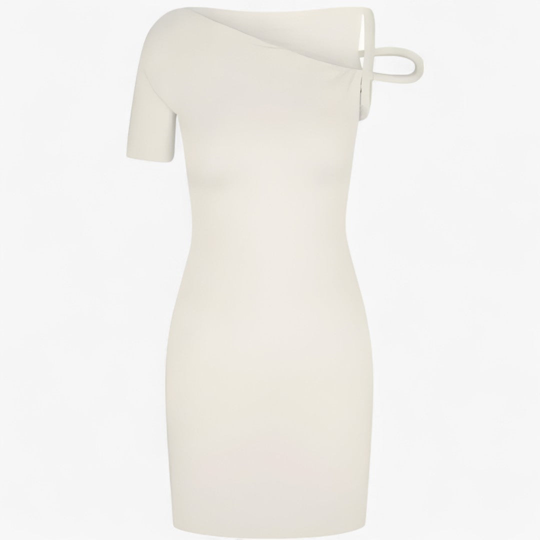 Asymmetric knitted mini dress with woven waist detail