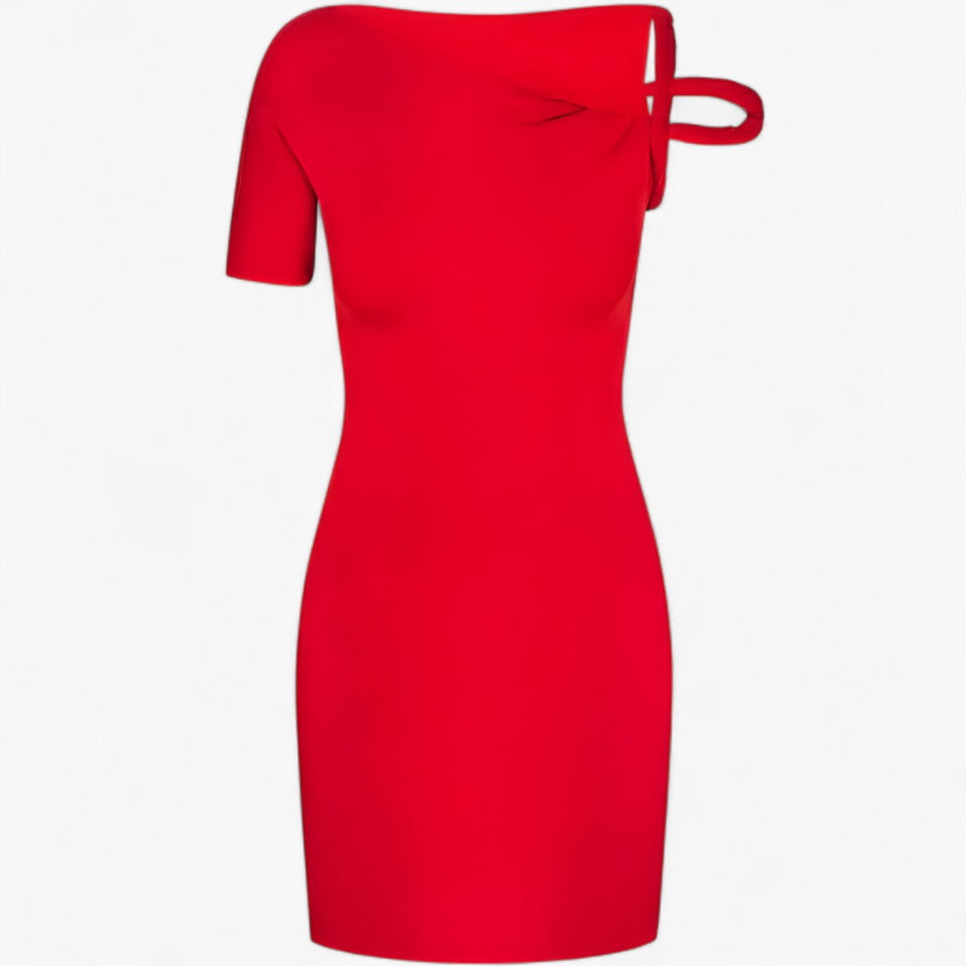 Asymmetric knitted mini dress with woven waist detail