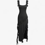 Vestido midi sedoso con volantes en cascada y cintura ajustada