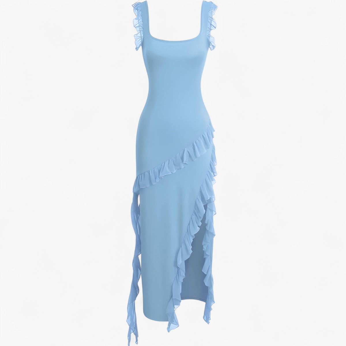 Vestido midi sedoso con volantes en cascada y cintura ajustada