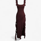 Vestido midi sedoso con volantes en cascada y cintura ajustada