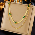 Double-Layer Retro Necklace with Green Baguette Stones