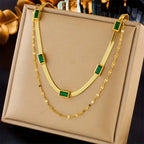 Double-Layer Retro Necklace with Green Baguette Stones
