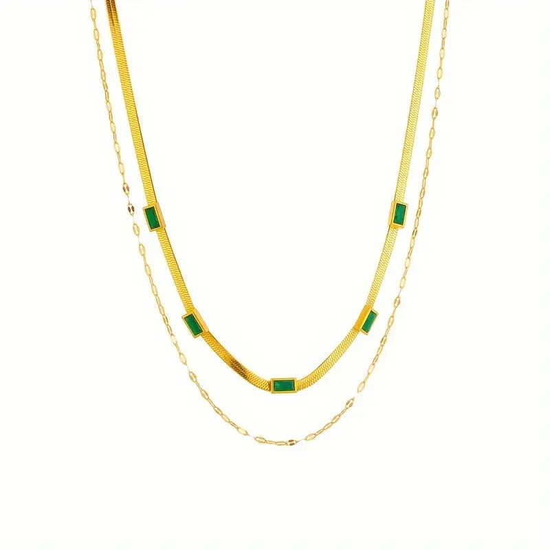 Double-Layer Retro Necklace with Green Baguette Stones