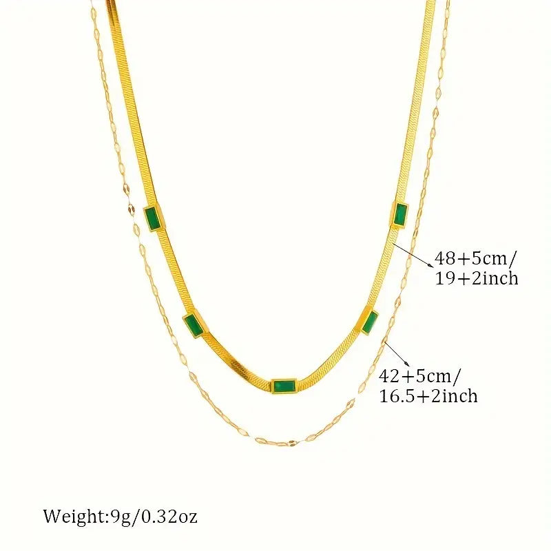 Double-Layer Retro Necklace with Green Baguette Stones