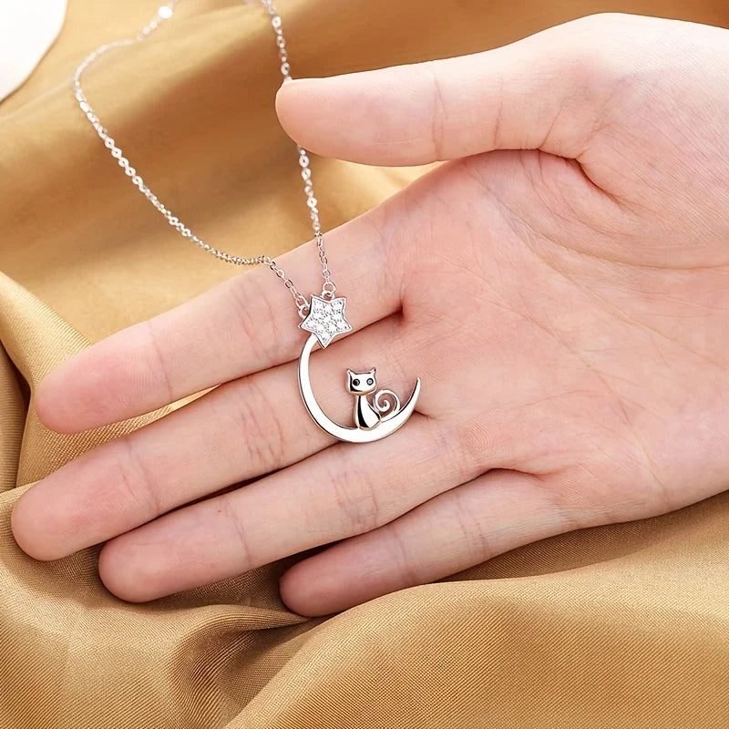 Cat, Moon and Star Pendant Necklace in Silver Colour