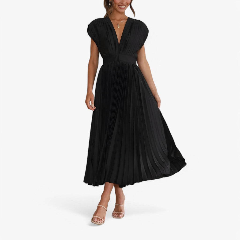 Pleated Maxi Dress with a Draped V-Neck and High Waist