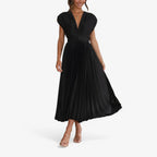 Pleated Maxi Dress with a Draped V-Neck and High Waist