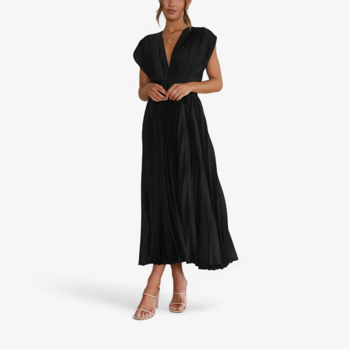 Pleated Maxi Dress with a Draped V-Neck and High Waist