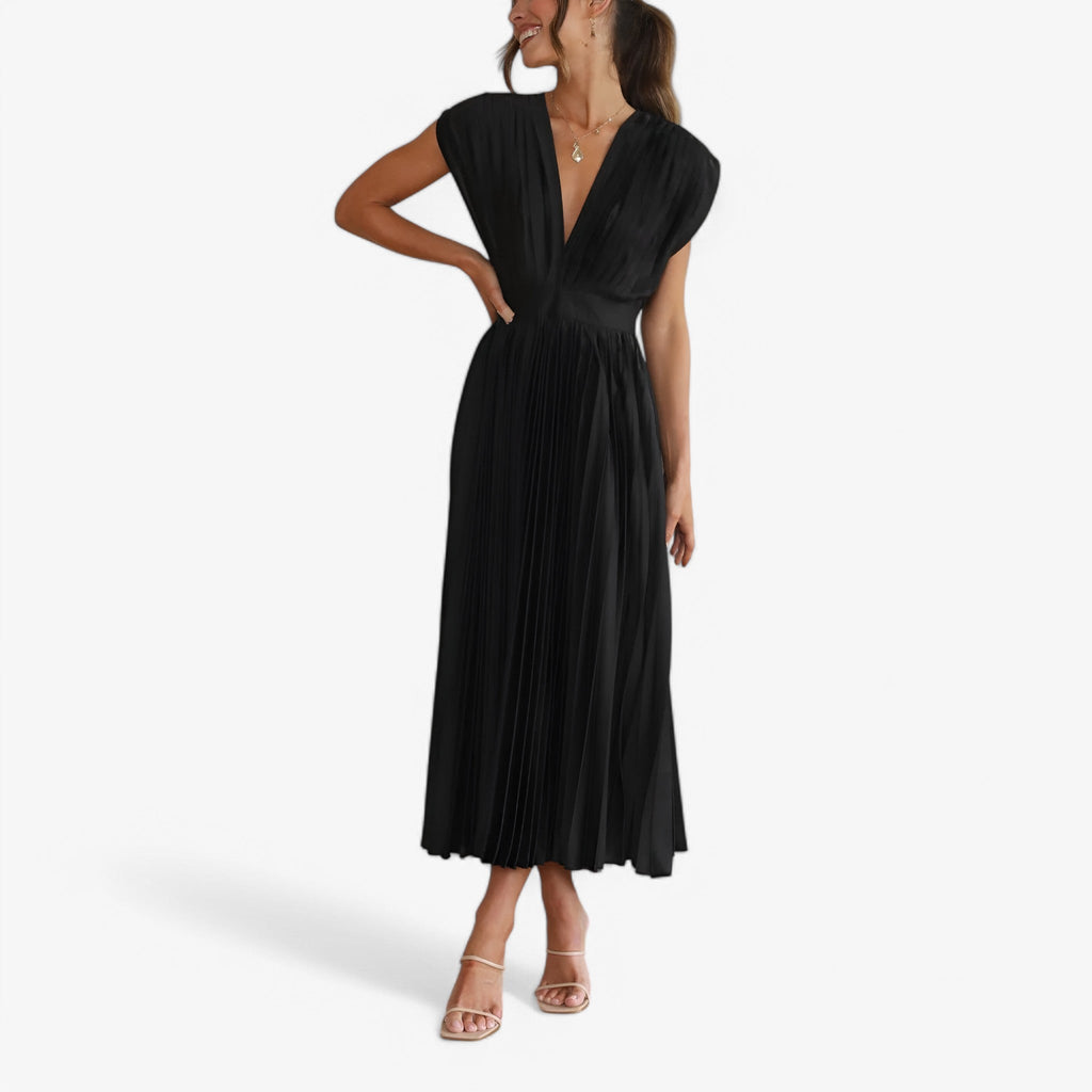 Pleated Maxi Dress with a Draped V-Neck and High Waist