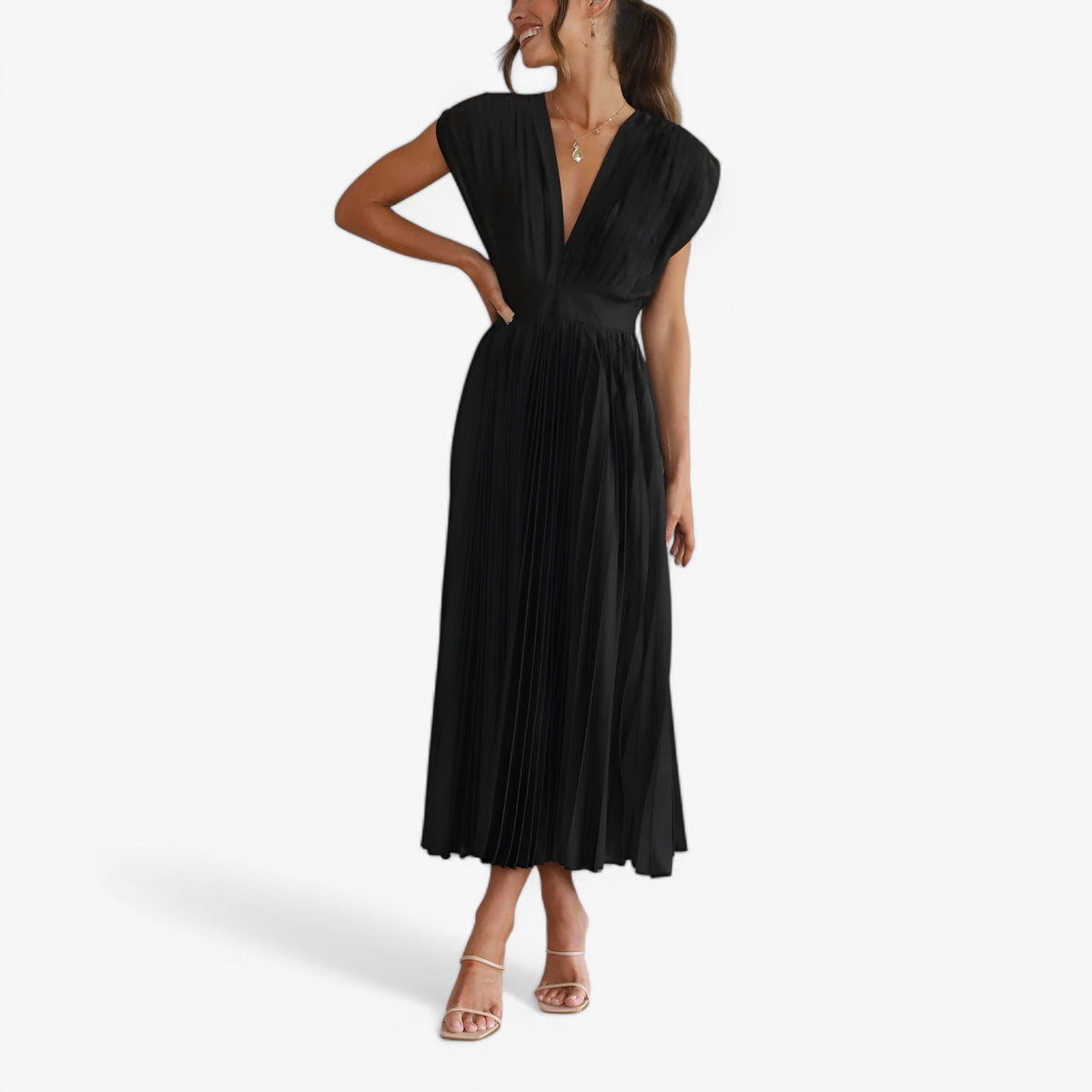 Pleated Maxi Dress with a Draped V-Neck and High Waist