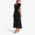 Pleated Maxi Dress with a Draped V-Neck and High Waist