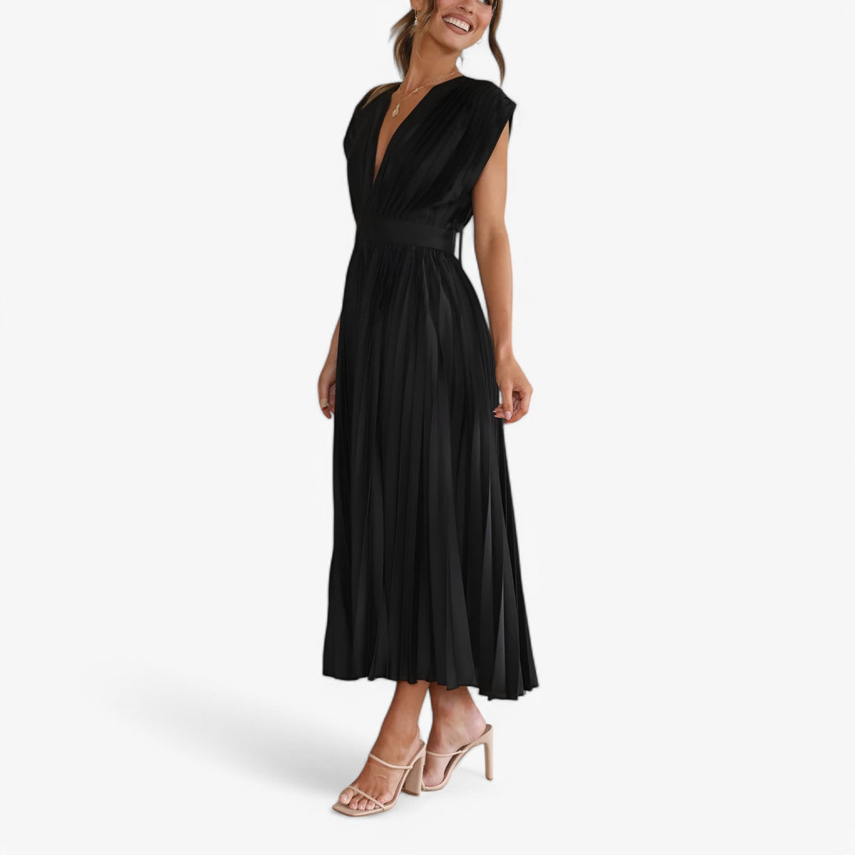 Pleated Maxi Dress with a Draped V-Neck and High Waist