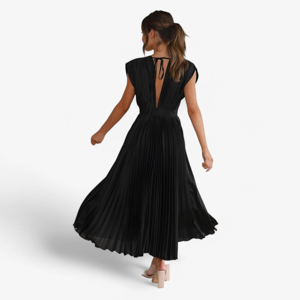 Pleated Maxi Dress with a Draped V-Neck and High Waist