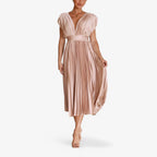 Pleated Maxi Dress with a Draped V-Neck and High Waist