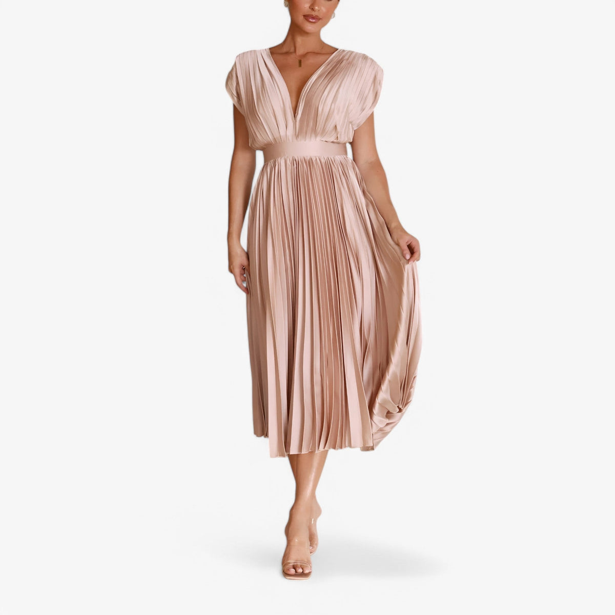 Pleated Maxi Dress with a Draped V-Neck and High Waist
