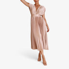 Pleated Maxi Dress with a Draped V-Neck and High Waist