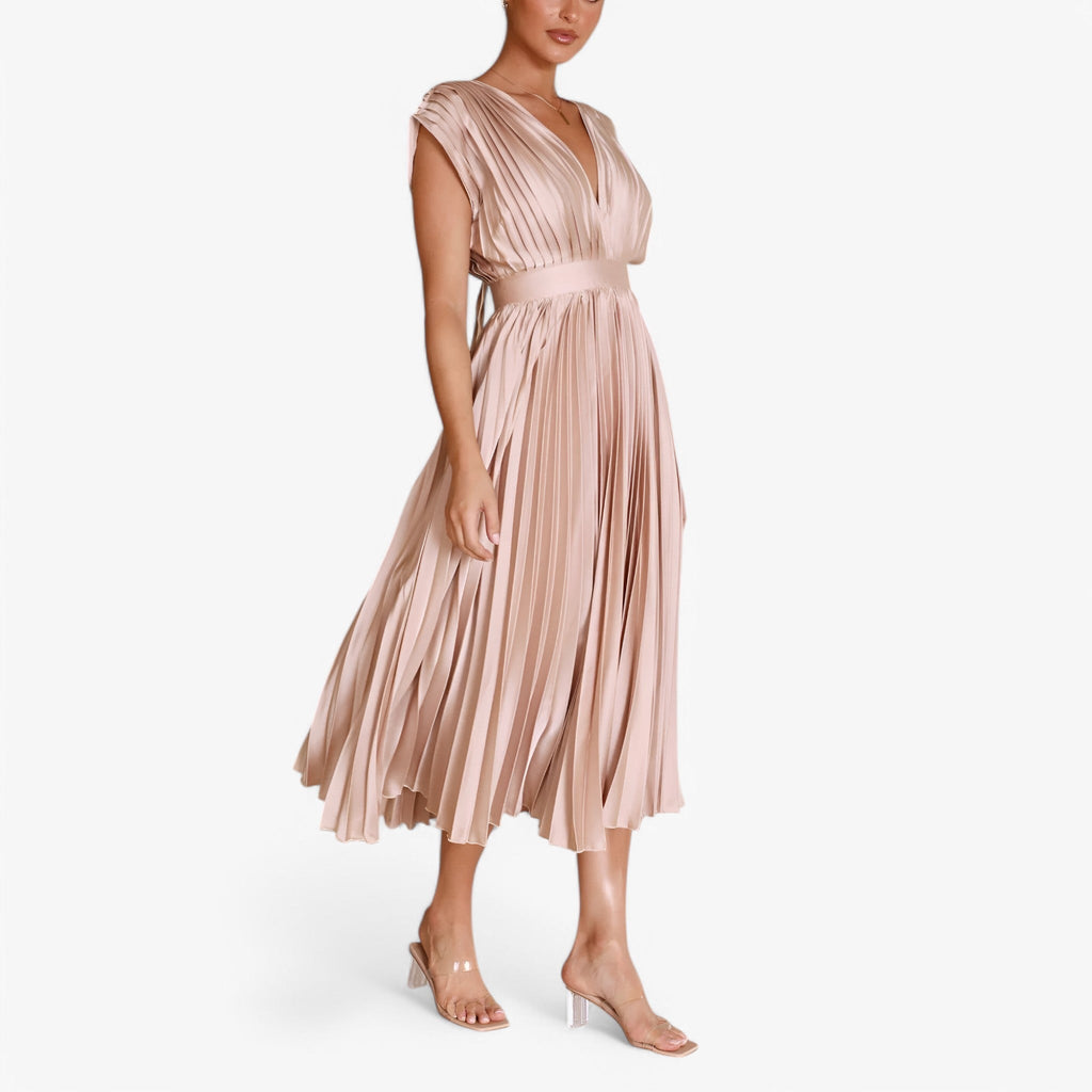 Pleated Maxi Dress with a Draped V-Neck and High Waist
