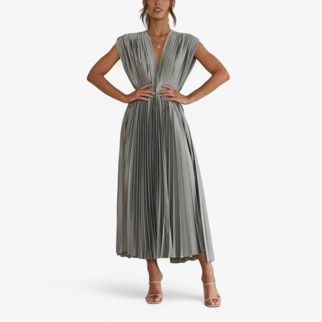 Pleated Maxi Dress with a Draped V-Neck and High Waist