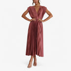 Pleated Maxi Dress with a Draped V-Neck and High Waist