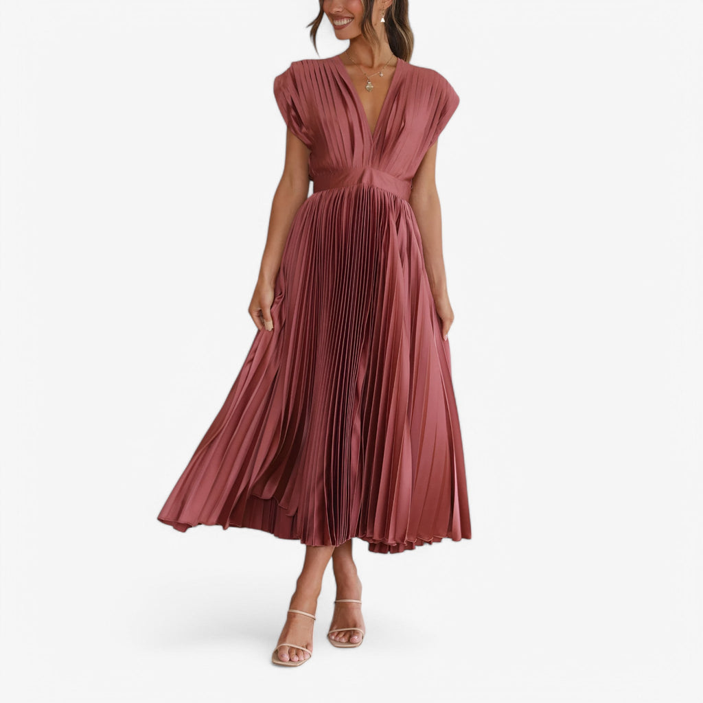 Pleated Maxi Dress with a Draped V-Neck and High Waist