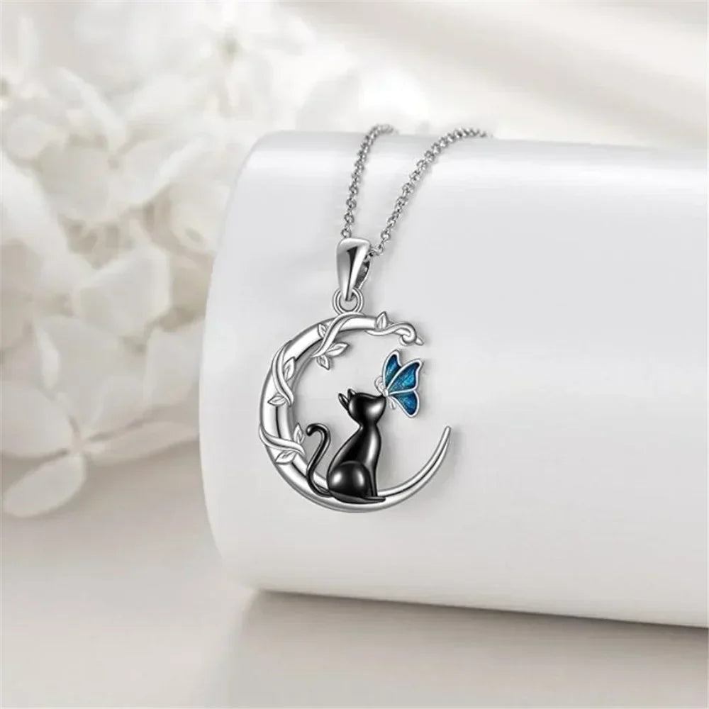 Moon, Cat and Butterfly Crystal Pendant Necklace with Whimsical Charm