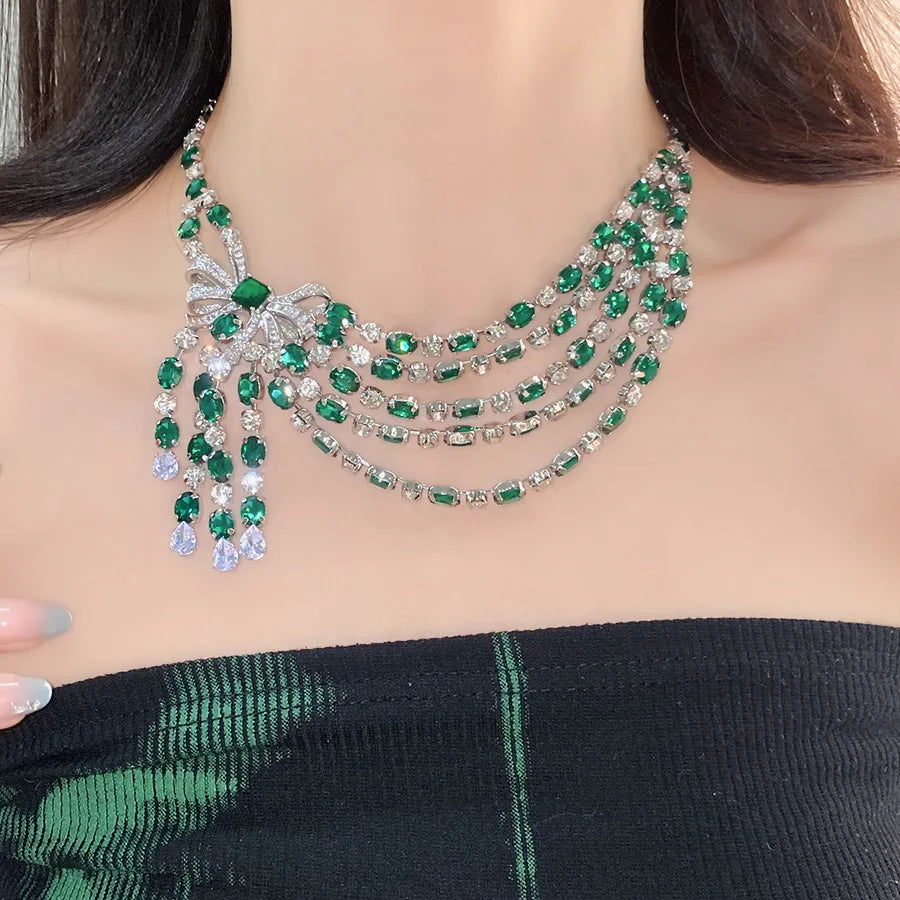Vintage Bow Pendant Necklace with Rhinestones and Green Detail