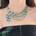 Vintage Bow Pendant Necklace with Rhinestones and Green Detail