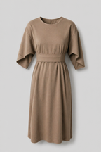 Asymmetric Belted Dress with Voluminous Sleeves