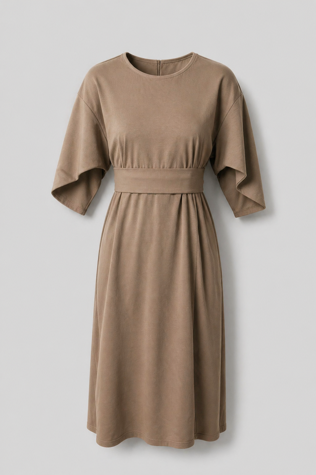 Asymmetric Belted Dress with Voluminous Sleeves