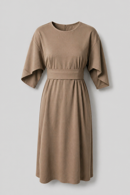 Asymmetric Belted Dress with Voluminous Sleeves