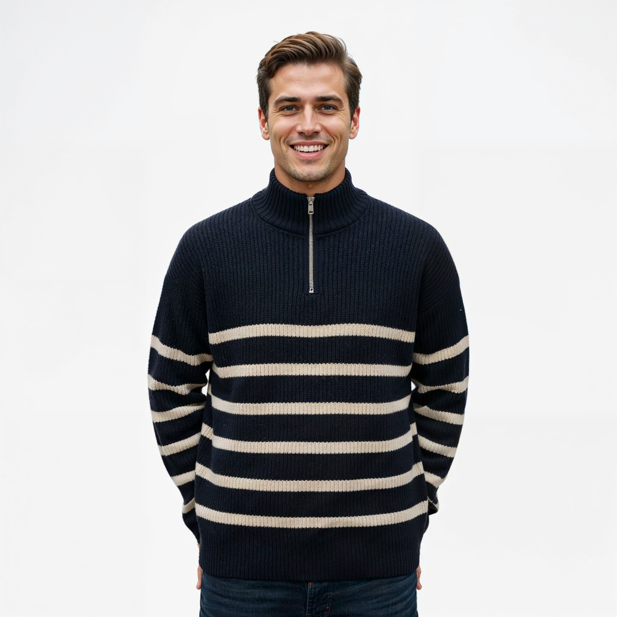 Striped Half-Zip Knit Turtleneck Sweater for Men