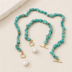 Blue-Green Chip and Baroque Faux Pearl Toggle Necklace