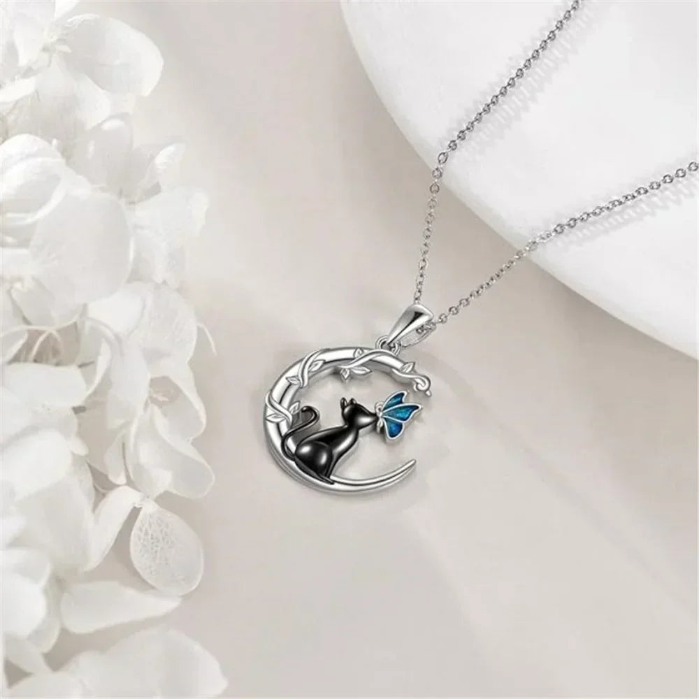 Moon, Cat and Butterfly Crystal Pendant Necklace with Whimsical Charm