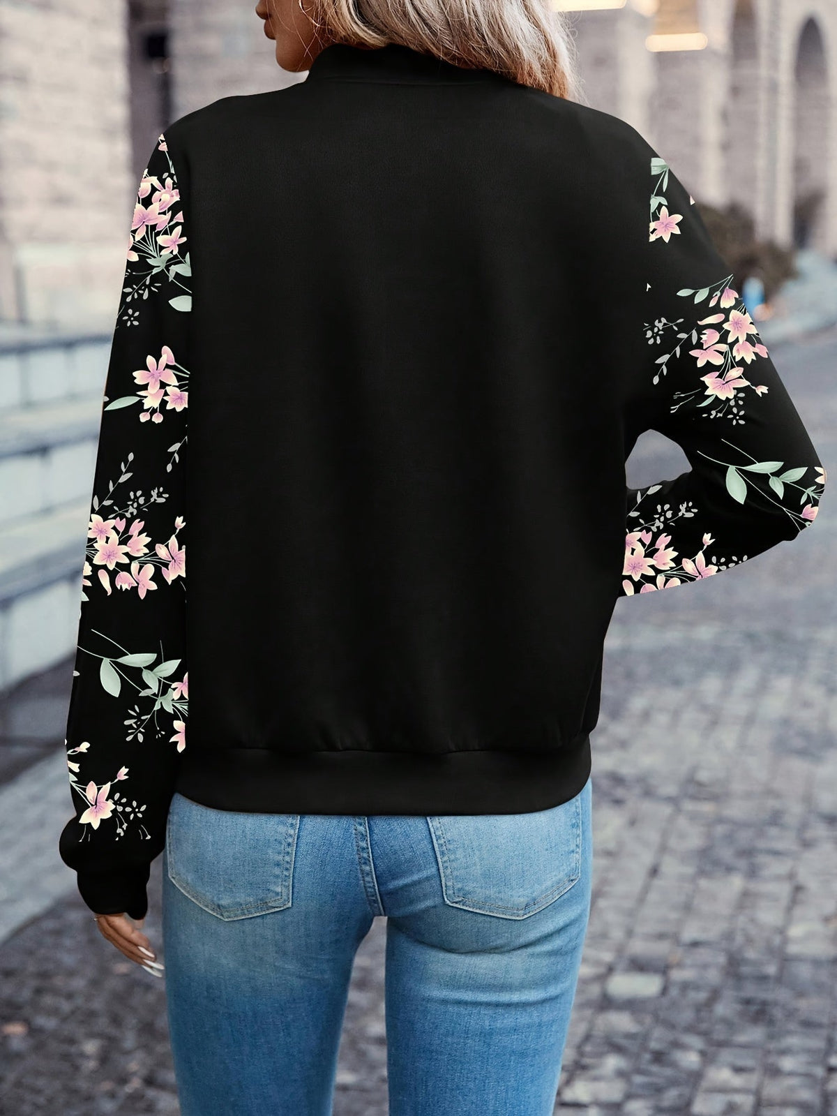 Bomber Jacket with Floral Print Sleeves and Zip Front