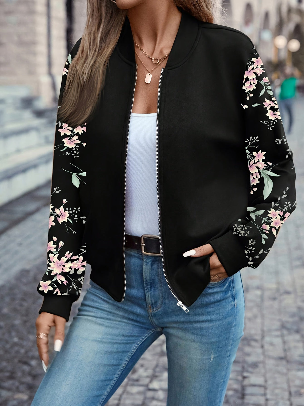 Bomber Jacket with Floral Print Sleeves and Zip Front