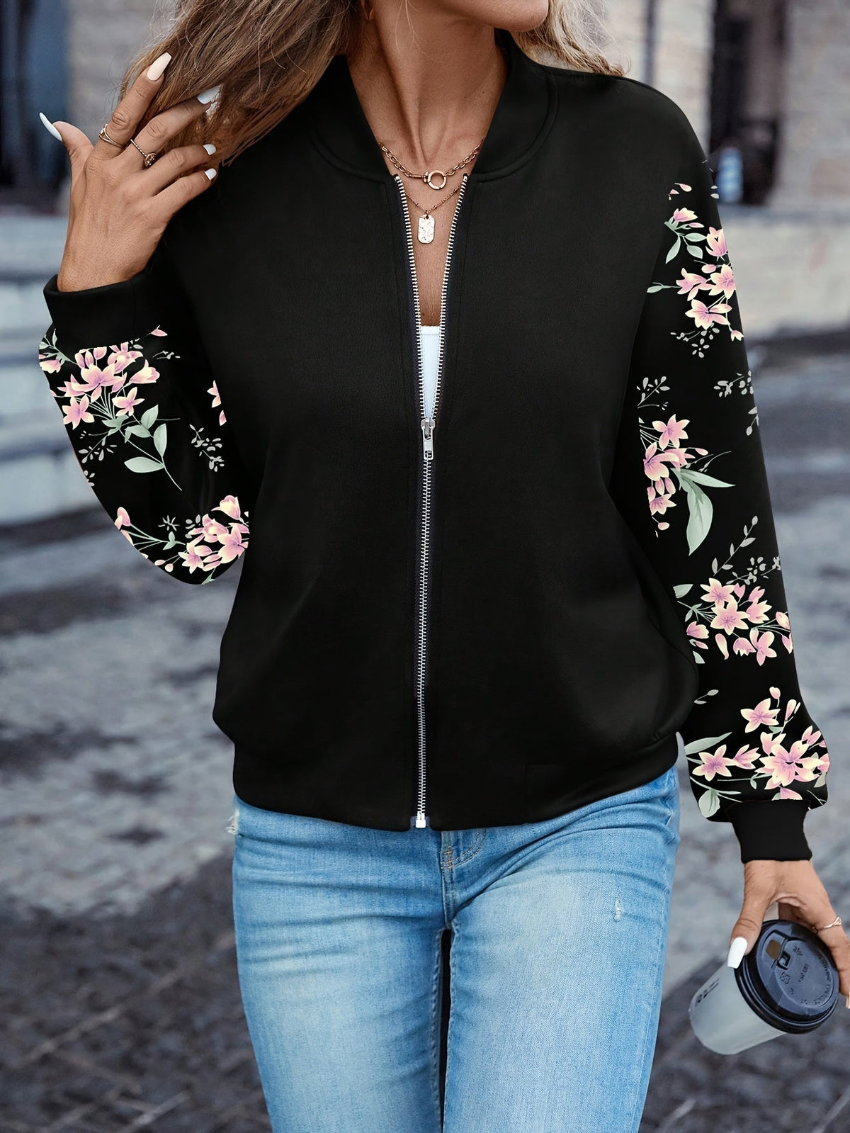 Bomber Jacket with Floral Print Sleeves and Zip Front